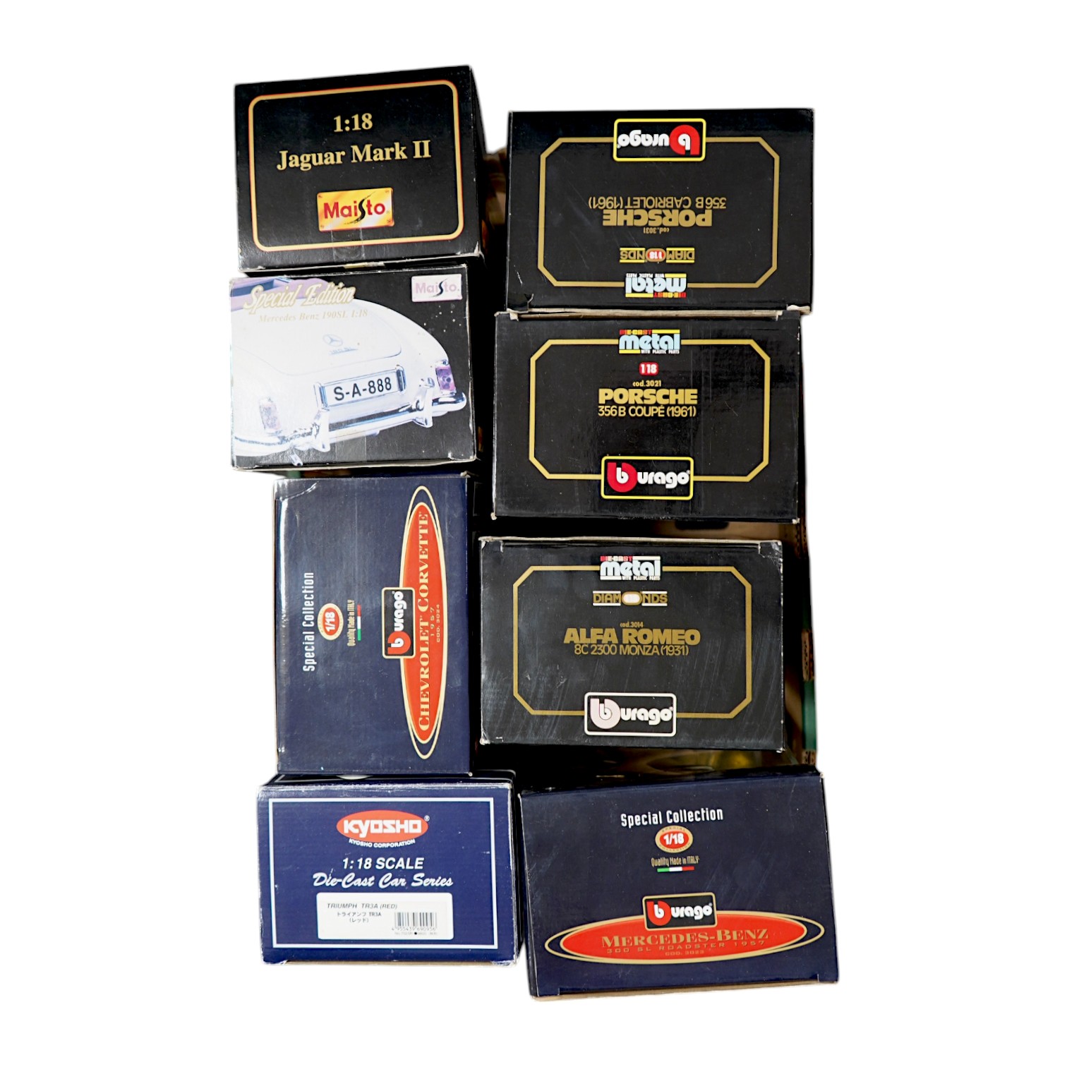 Eight boxed 1:18 scale diecast cars by Bburago, Maisto, etc. including; a Mercedes-Benz 300 SL, an Alpha Romeo 8C 2300 Monza, a Porsche 356B, a Triumph TR3A, etc. Condition - good.